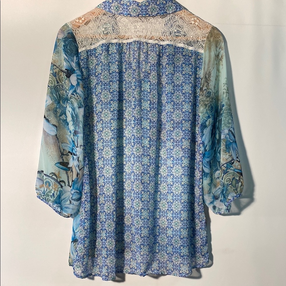 Blue Ruffled Blouse with 3/4 Sleeves - Picture 3 of 7